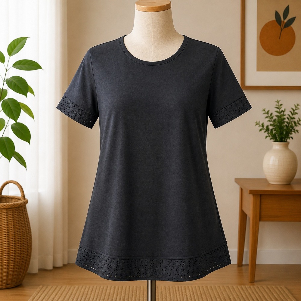 Sport Savvy Top Womens XS Blue Short Sleeve Eyelet Trim Crew Neck Knit